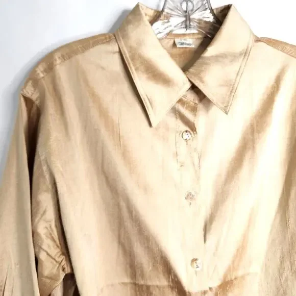 ios Metallic Gold 100% Silk Top Size M Button Up Long Sleeve Classic Elegant - Picture 3 of 11